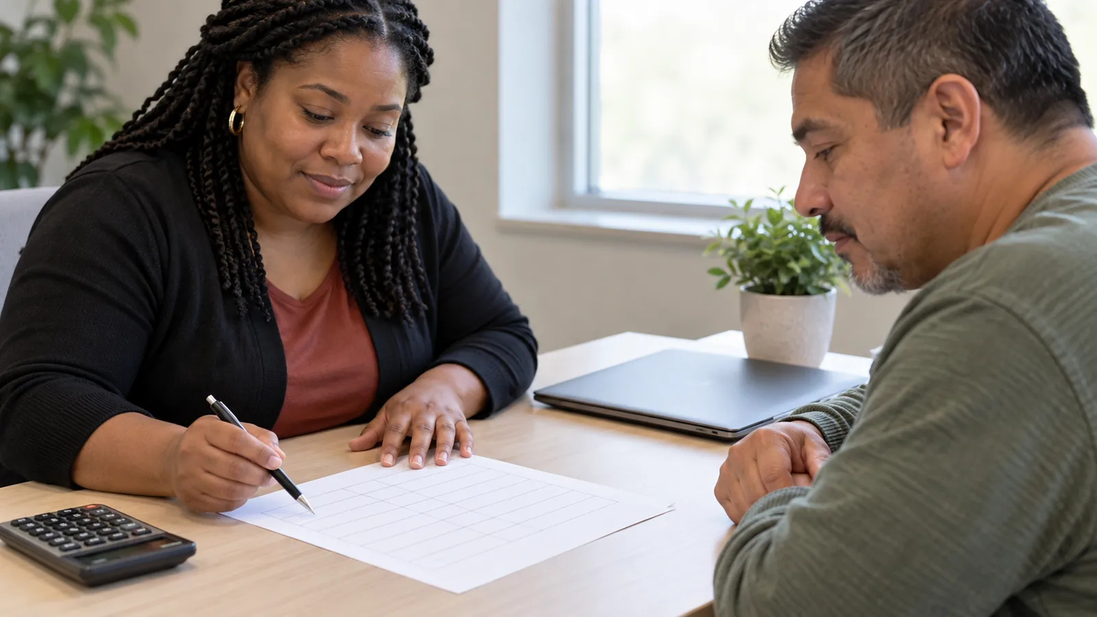 A benefits navigator and visitor review a blank budget worksheet together.