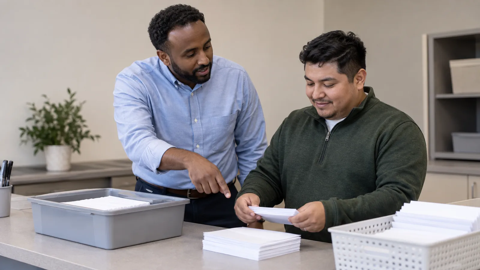 A supervisor coaches a colleague through a work task.
