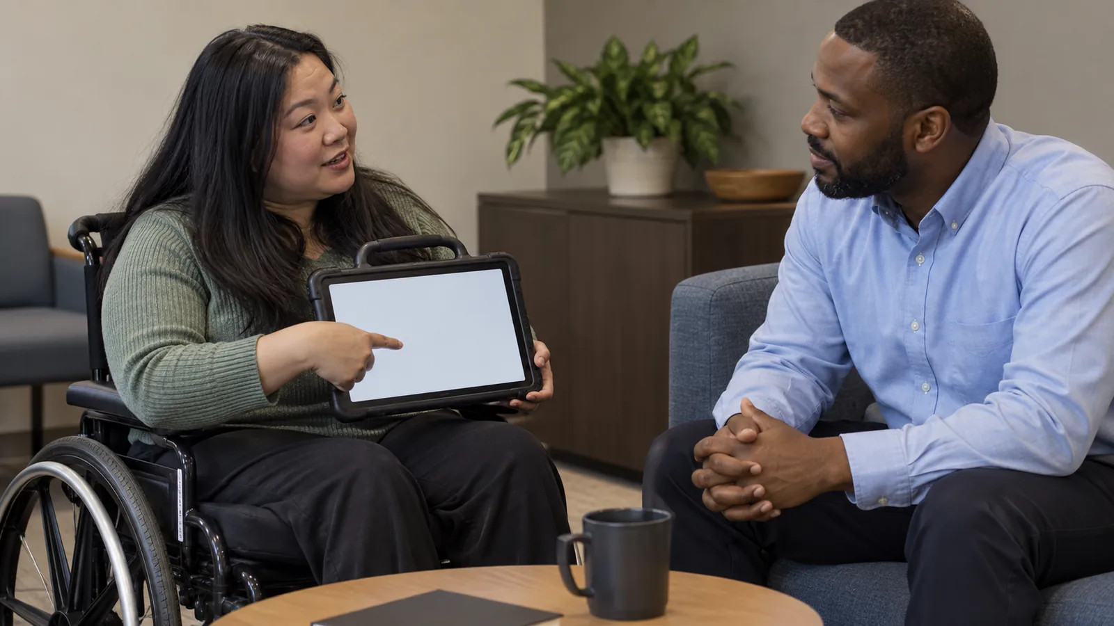 A woman using a tablet discusses communication choices with a colleague.