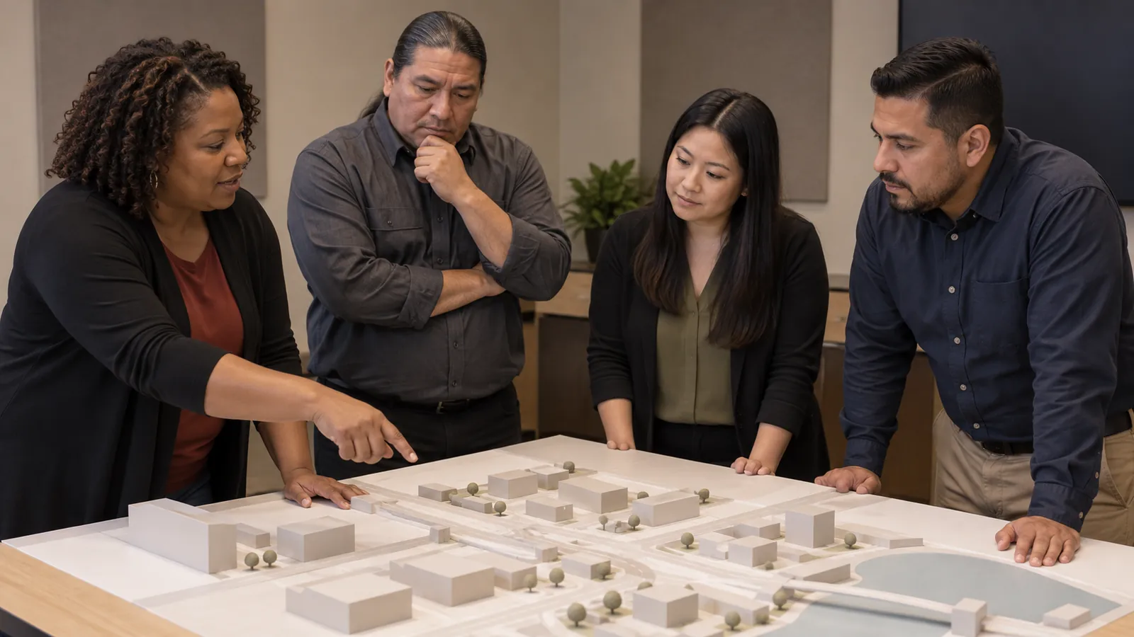 Colleagues examine a tabletop model of community connections.
