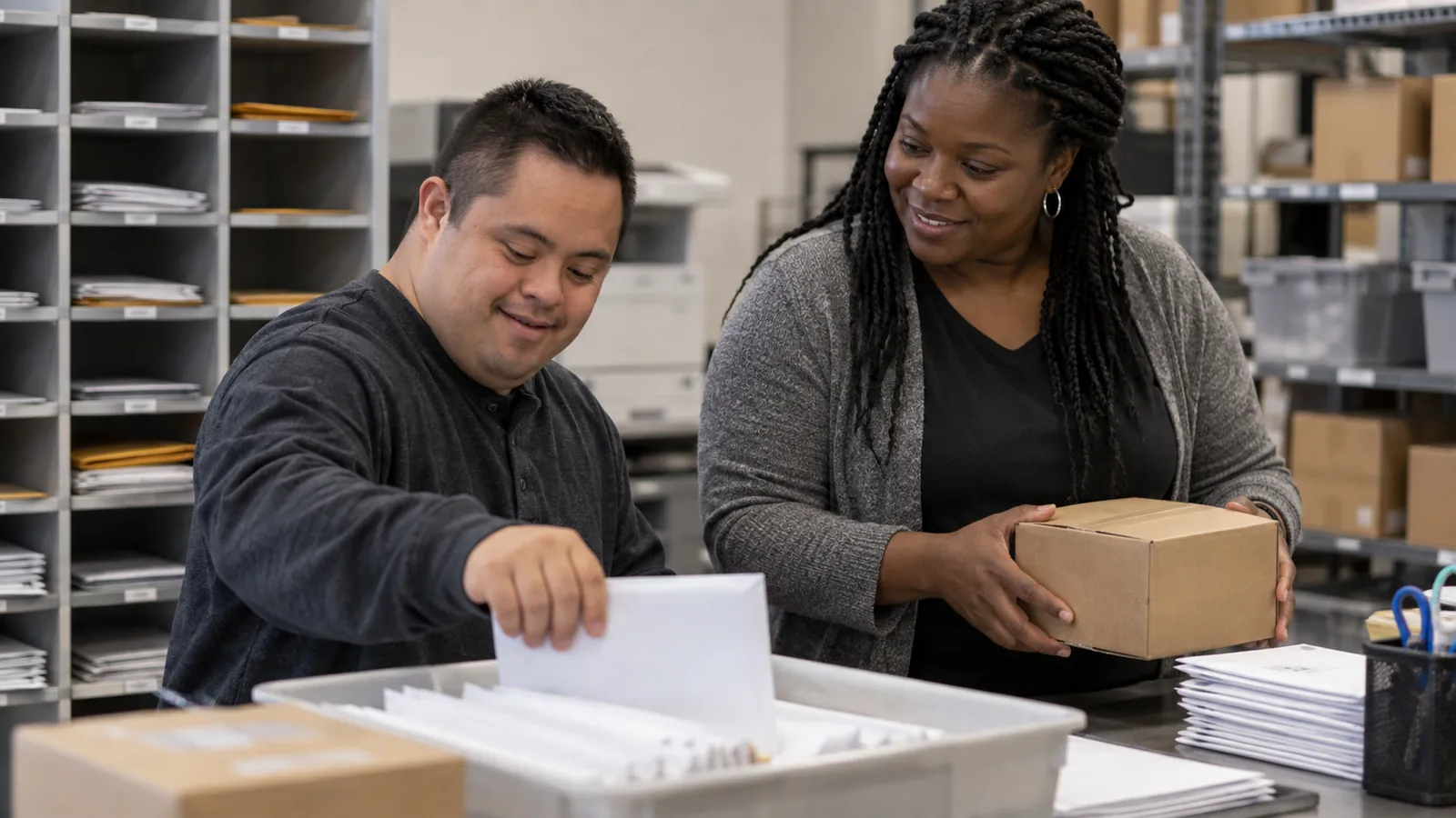A worker and job coach organize materials together at a workplace.