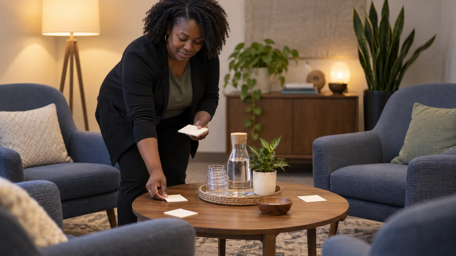 A staff member prepares reflection cards in a calm service room.
