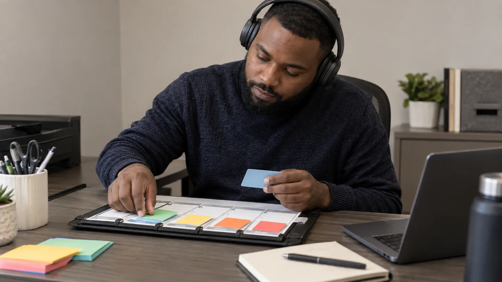 A worker uses colored planning cards and headphones to organize tasks.