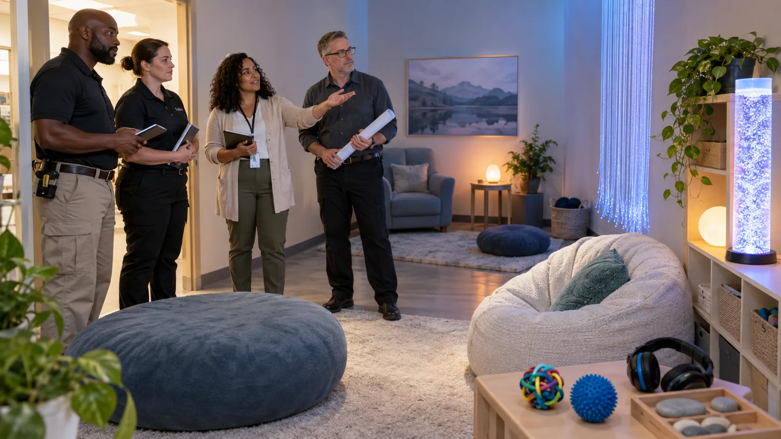Photograph of colleagues in a scene of sensory friendly environments.
