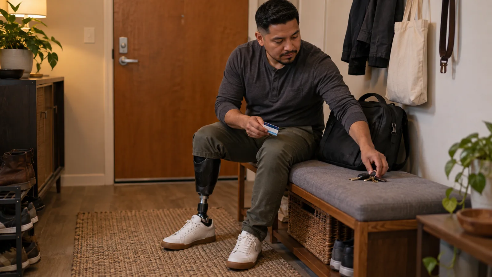 A man using a prosthetic leg organizes what he needs before leaving home.