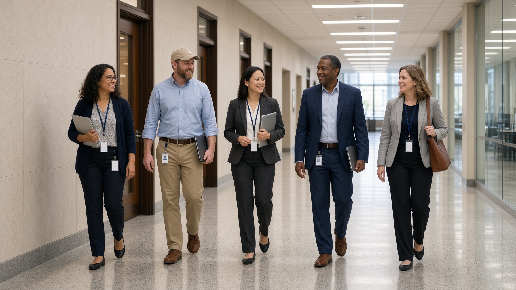 State employees walk a government corridor.