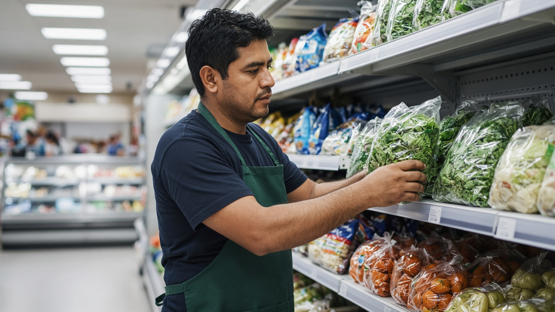 A Latino man in an apron stocks grocery shelves.