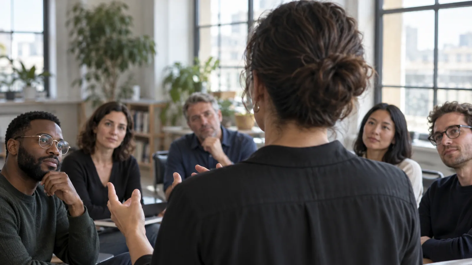 A colleague speaks while a small group listens closely.