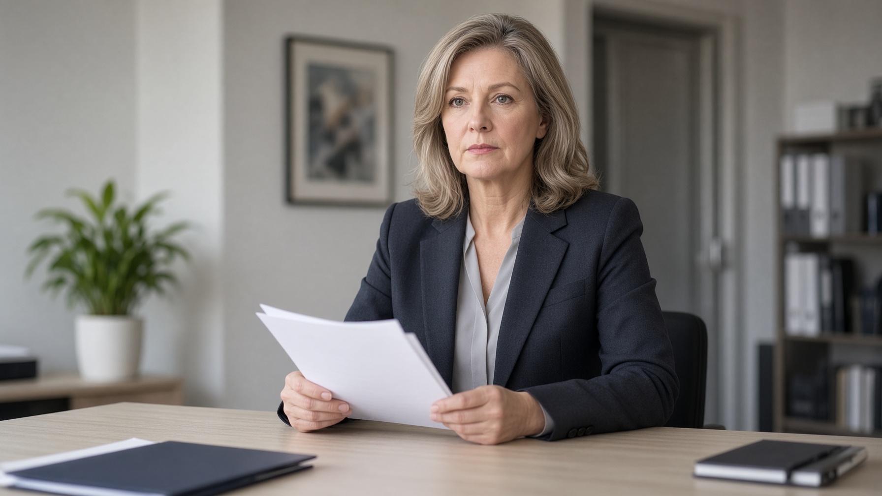 A woman reviews an employment packet at a table.