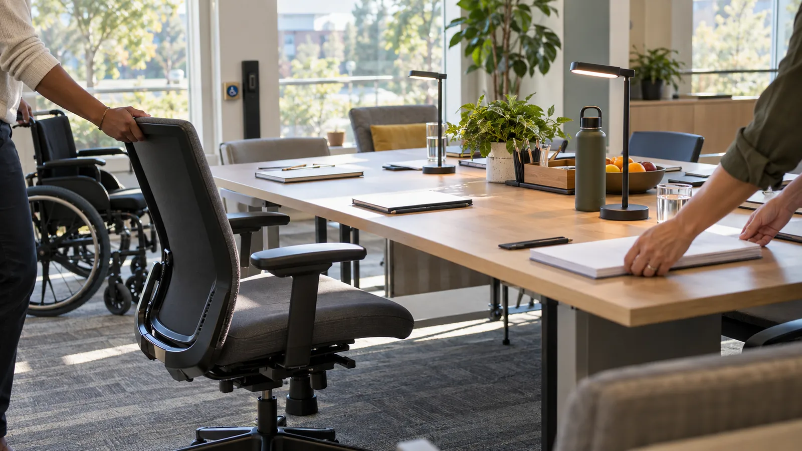 Colleagues prepare an accessible meeting room and arrange documents on a table.