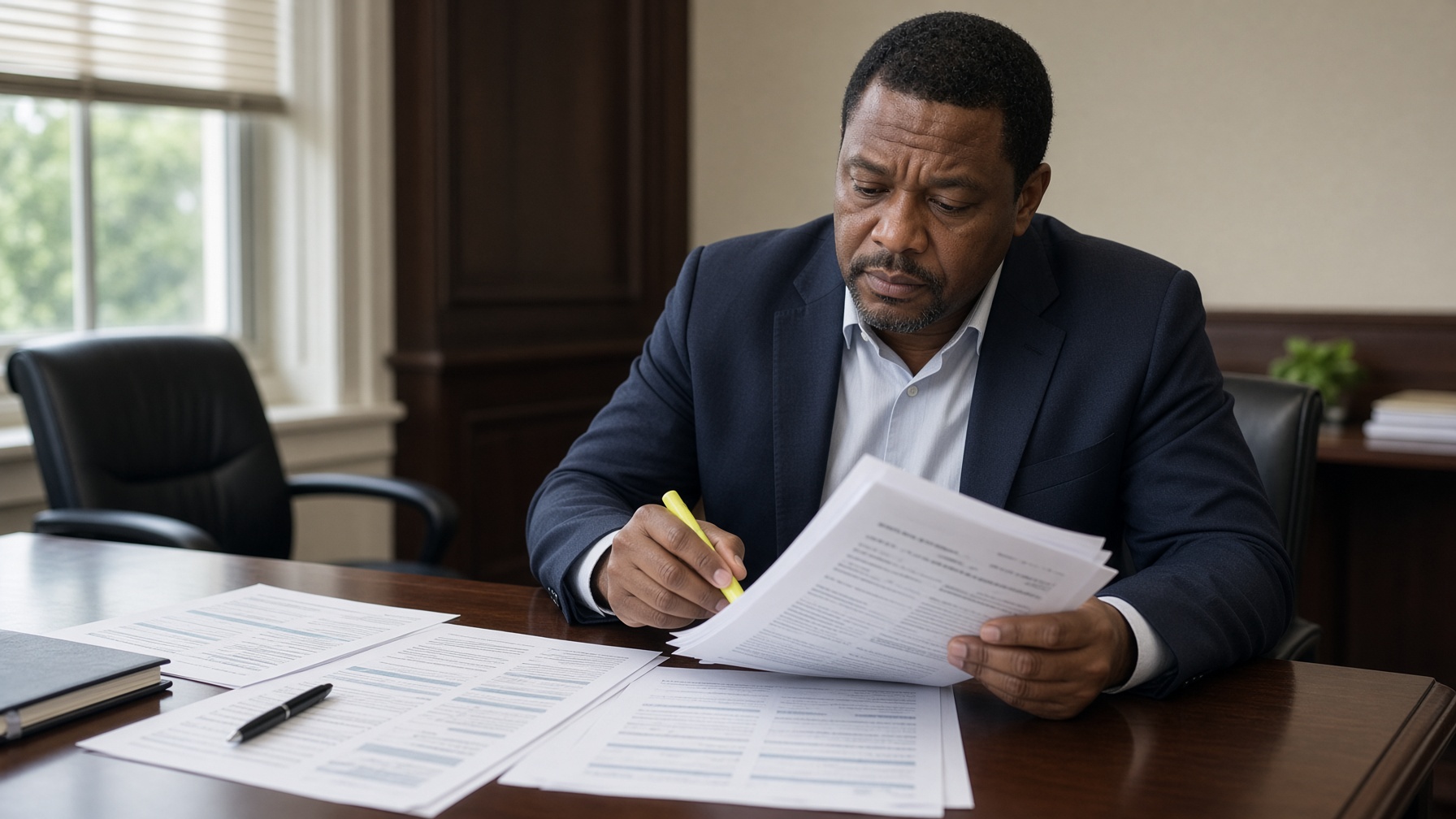 A man studies a policy packet and budget pages at a conference table.