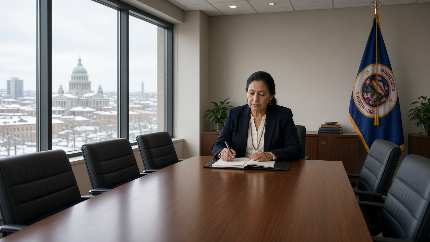 A woman sits at the head of a conference table with a notebook.