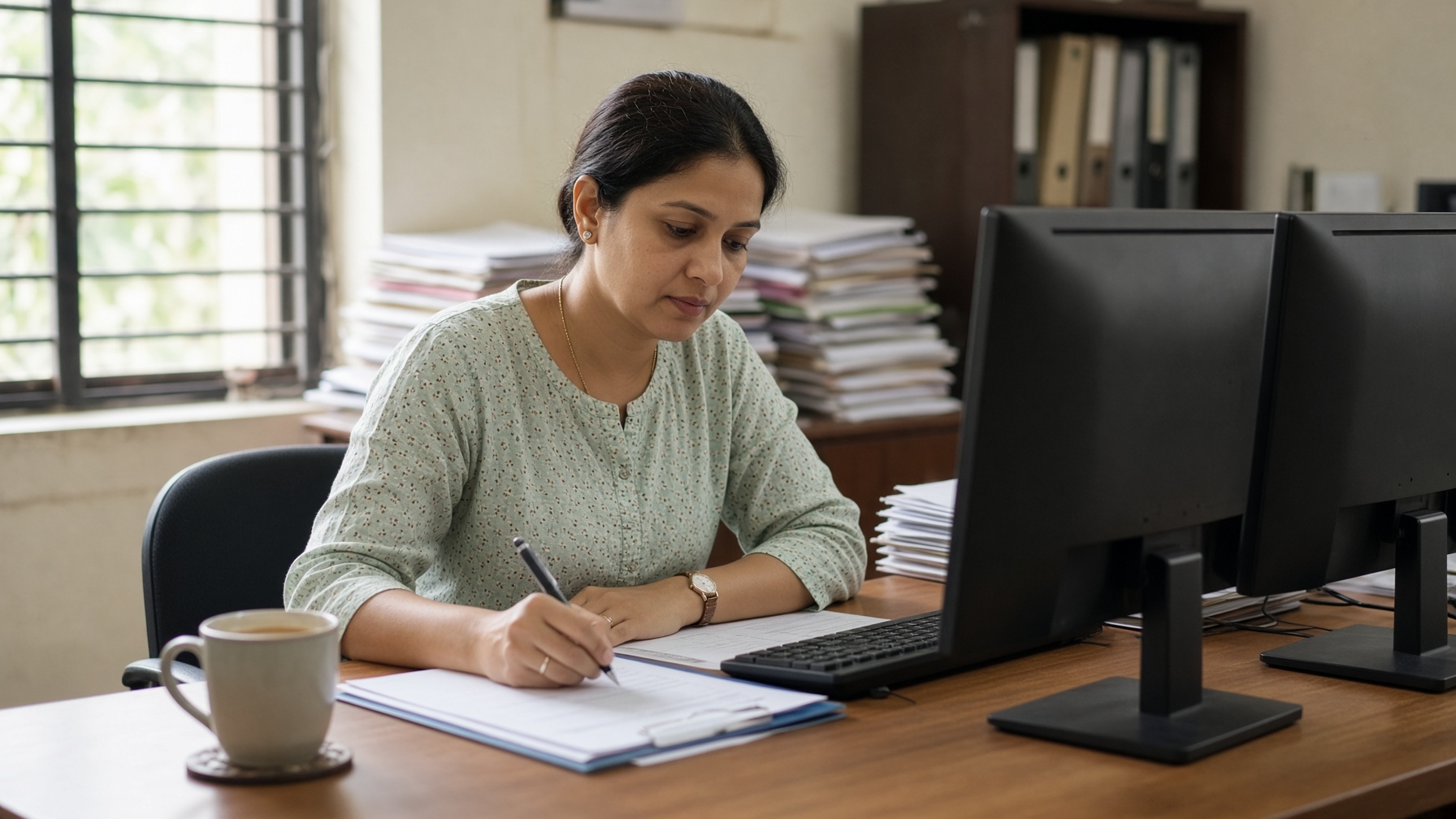 A woman writes at a government desk with dual monitors.