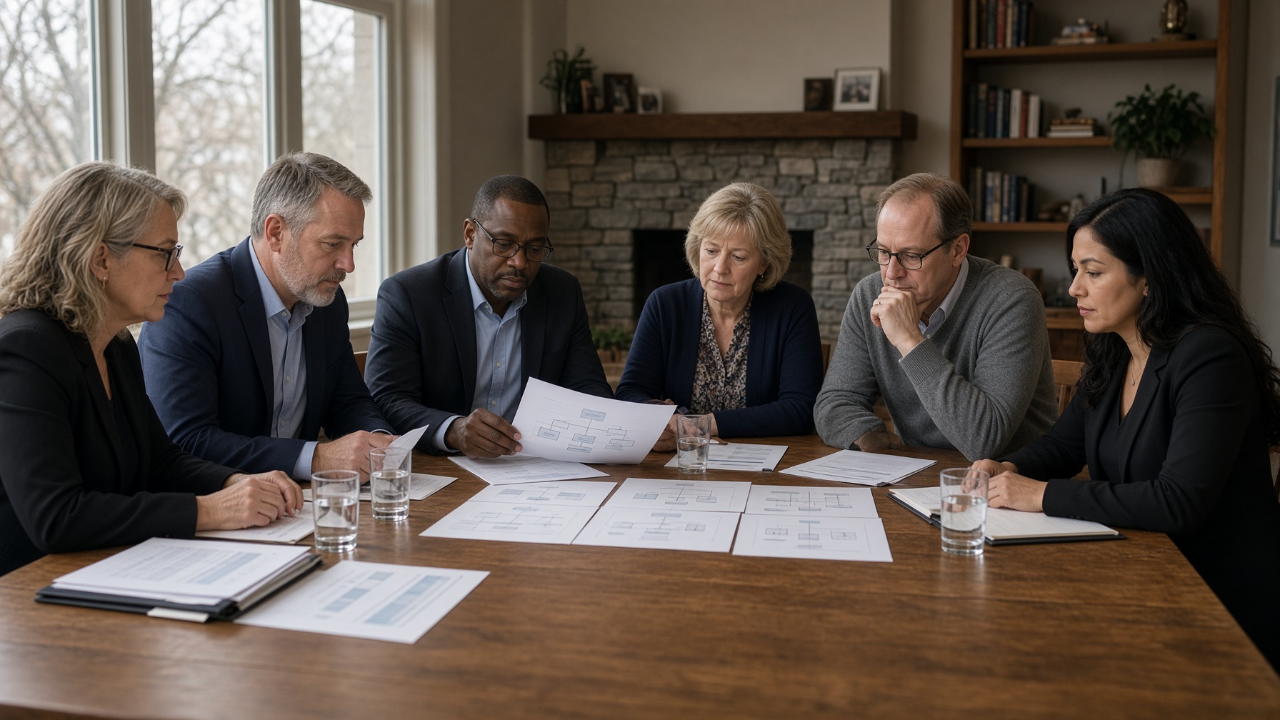 A mixed leadership table reviews printed charts.