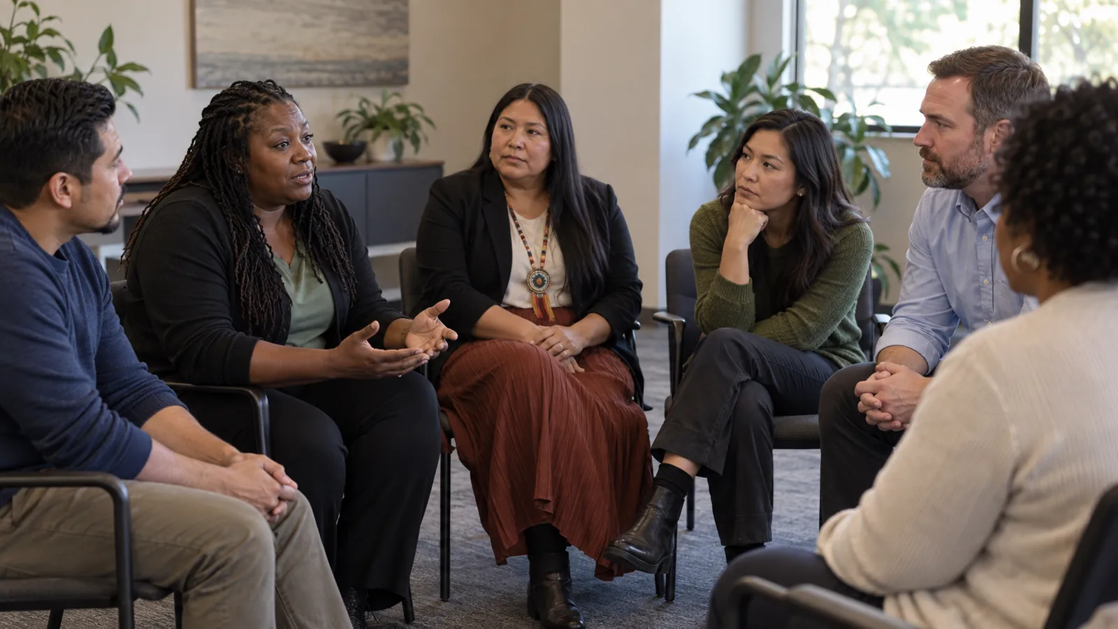 Colleagues from varied communities listen to one another in a civic meeting room.