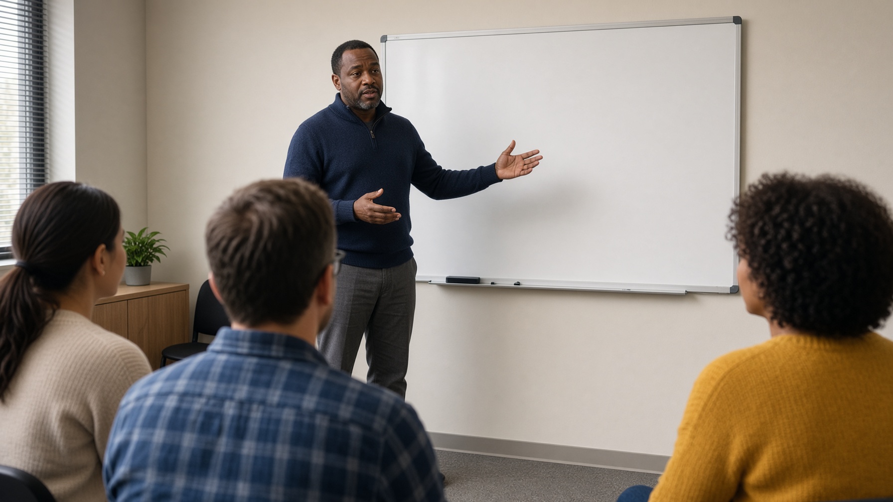 A facilitator speaking with a small group beside a whiteboard.