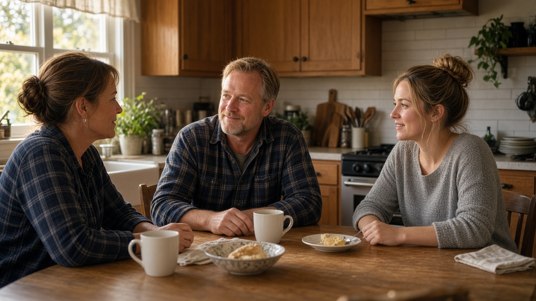 A family talks at a kitchen table in late afternoon light.