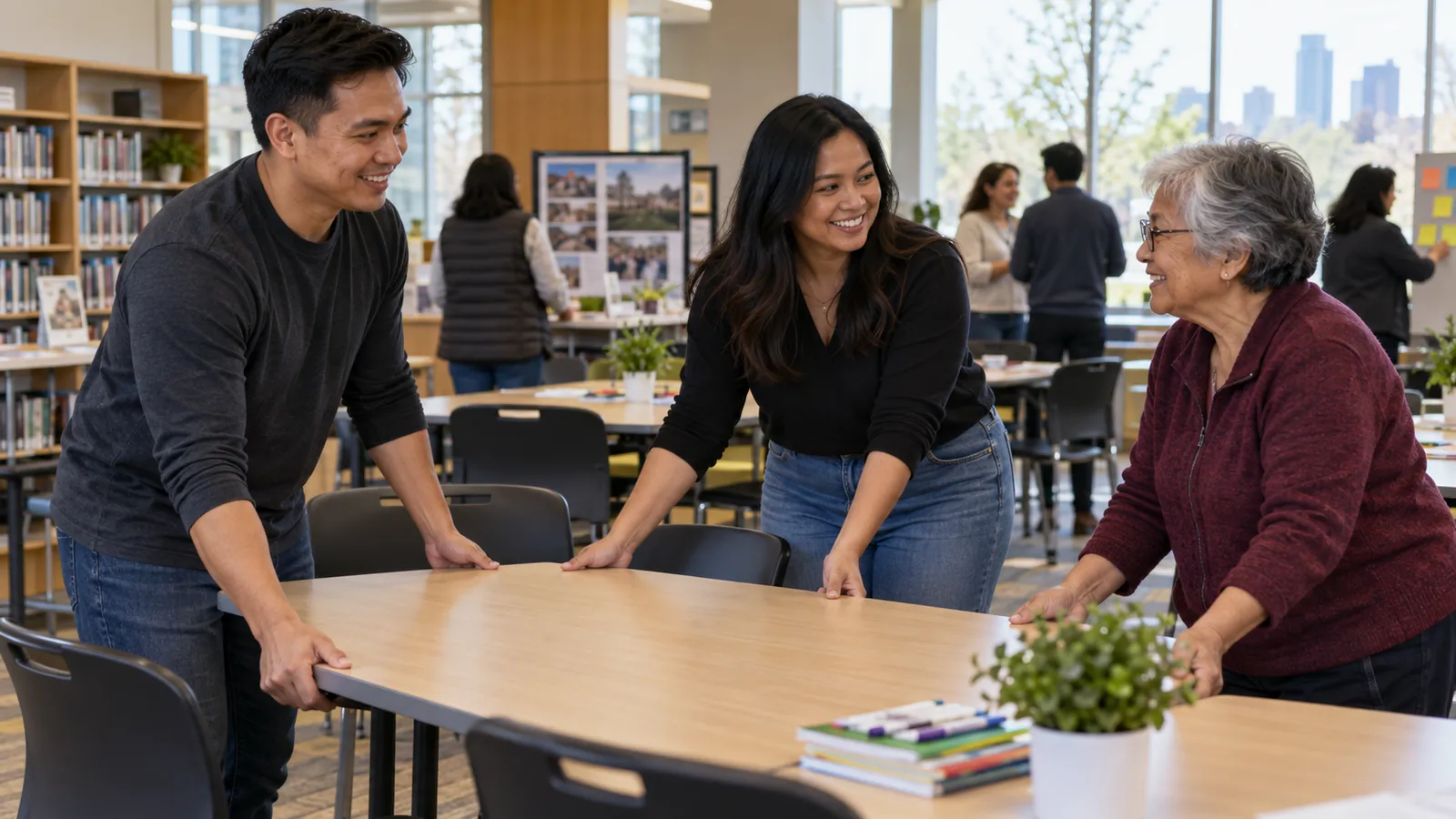 Two adults greet a visitor across a community center table.