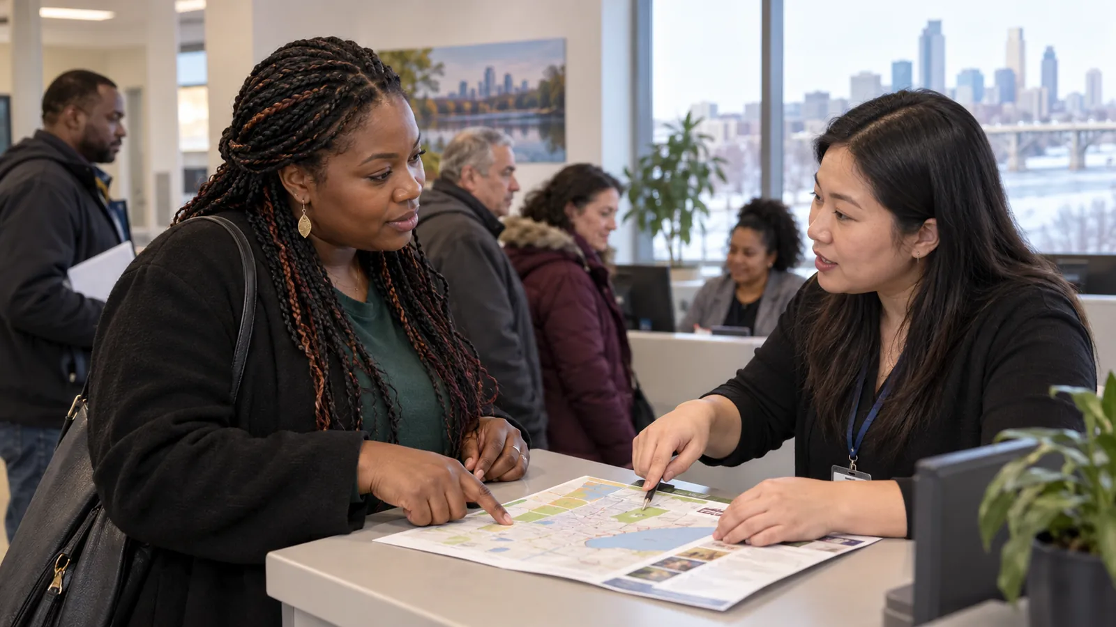 Two colleagues review a service-navigation map in a civic office.