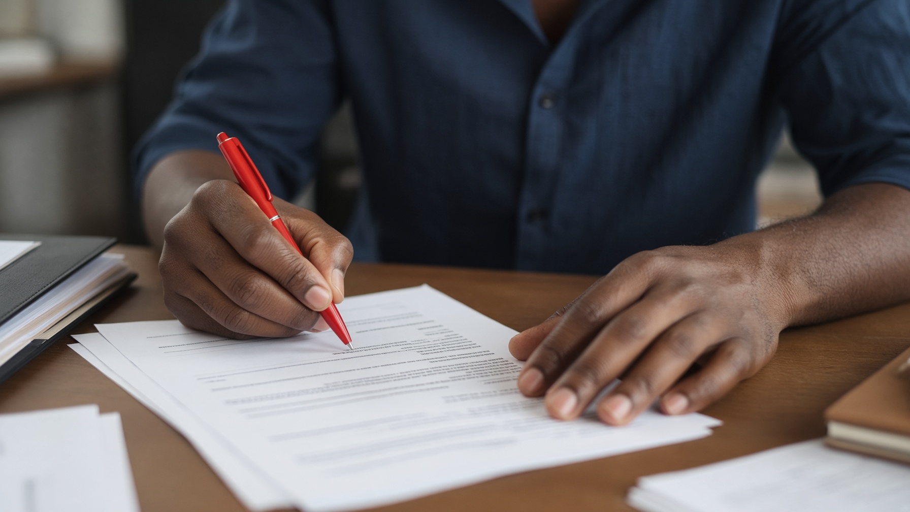 Hands revise a printed form with a red pen.