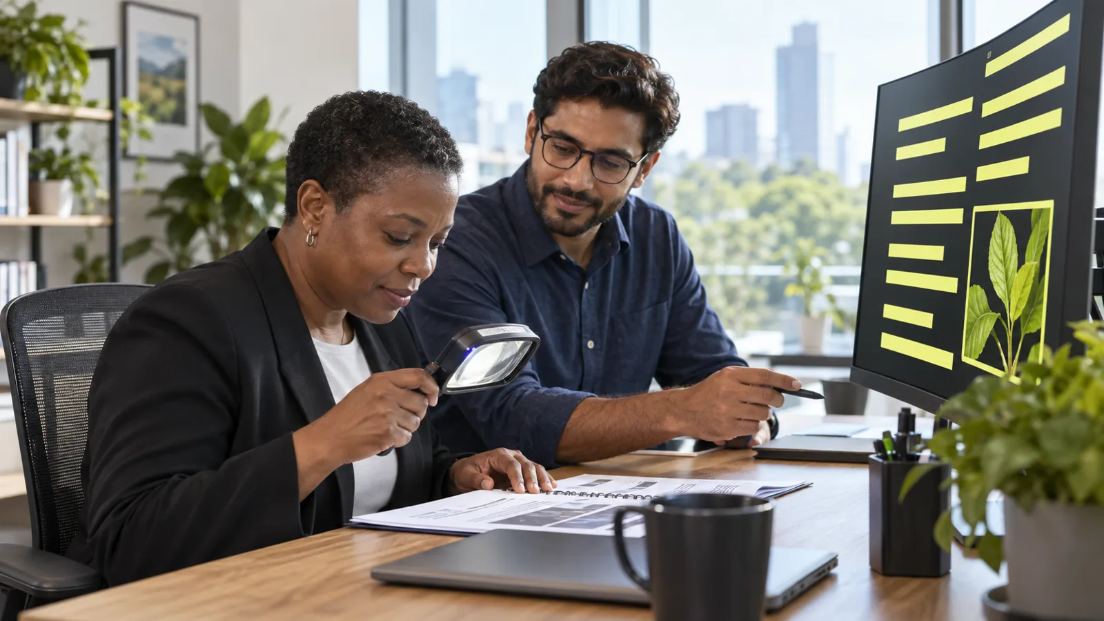 Photograph of colleagues in a scene of low vision accessibility.