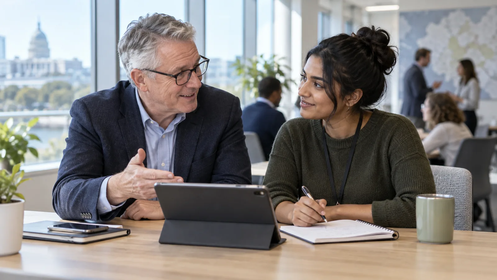 Photograph of colleagues in a scene of cross role mentoring.