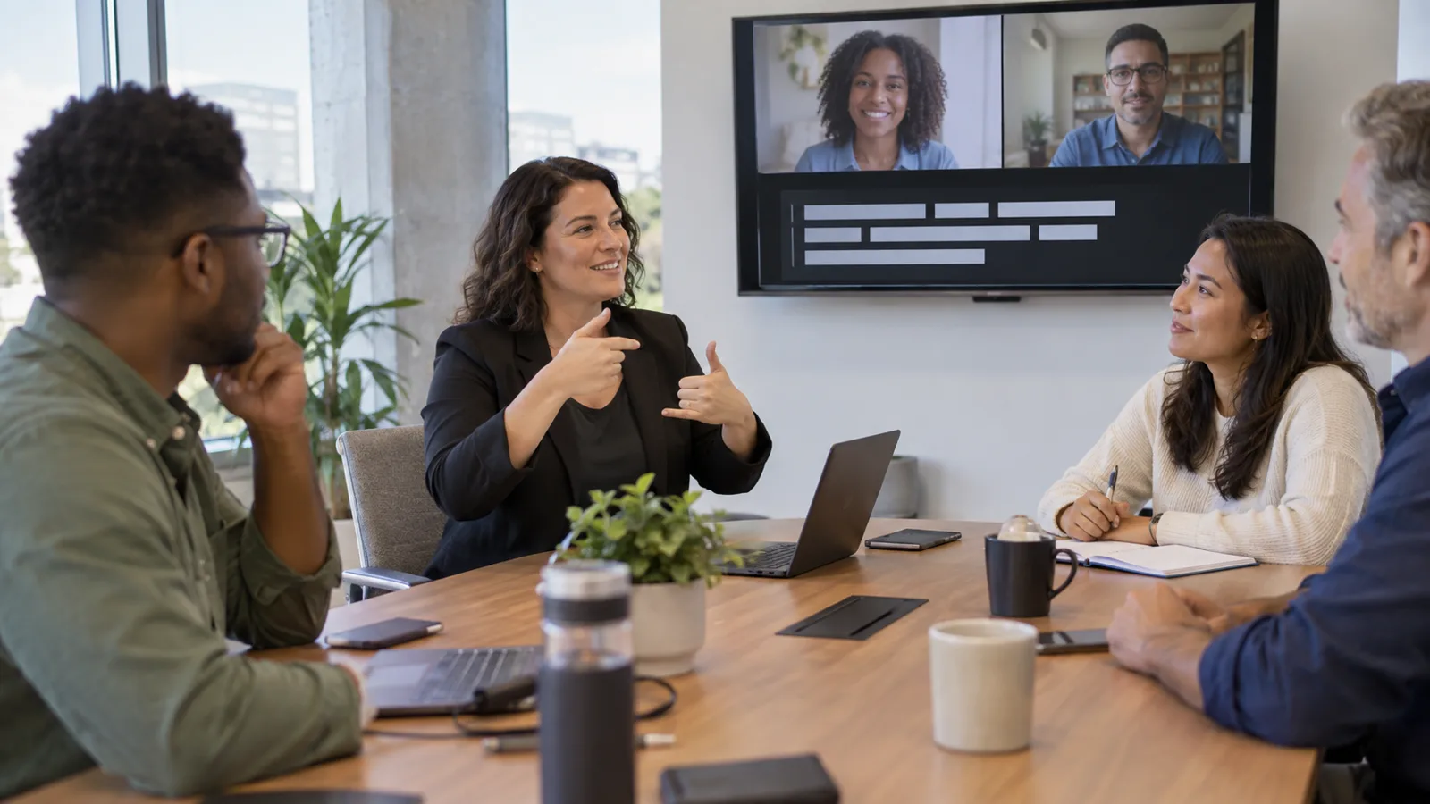Photograph of colleagues in a scene of communication access.