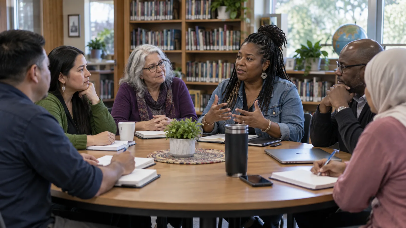 Photograph of colleagues in a scene of community advisory table.