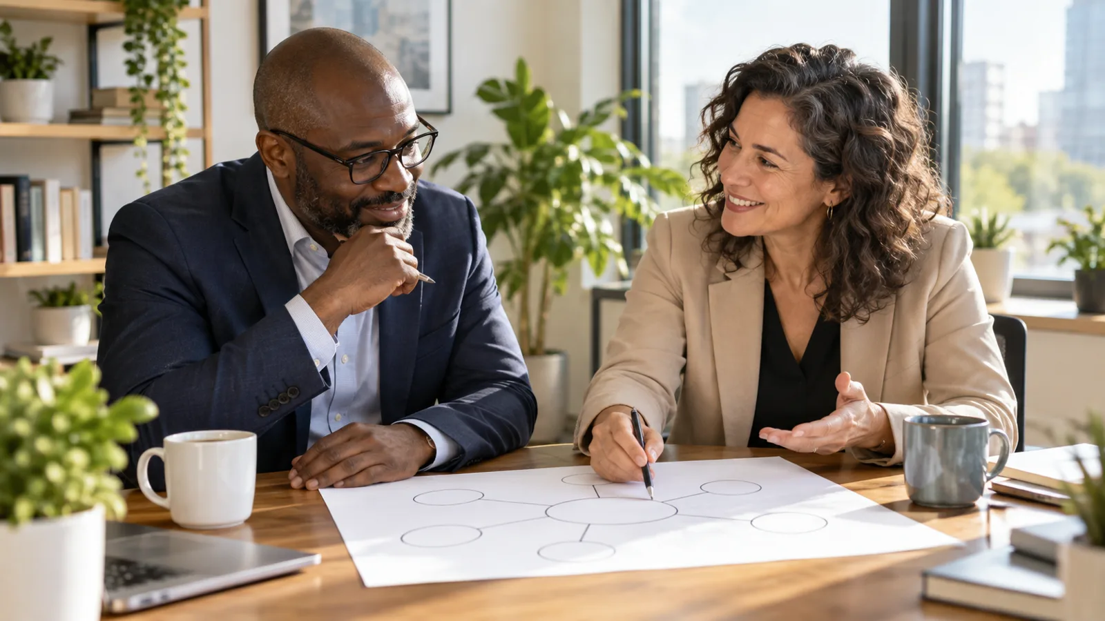Photograph of colleagues in a scene of inclusive leadership coaching.
