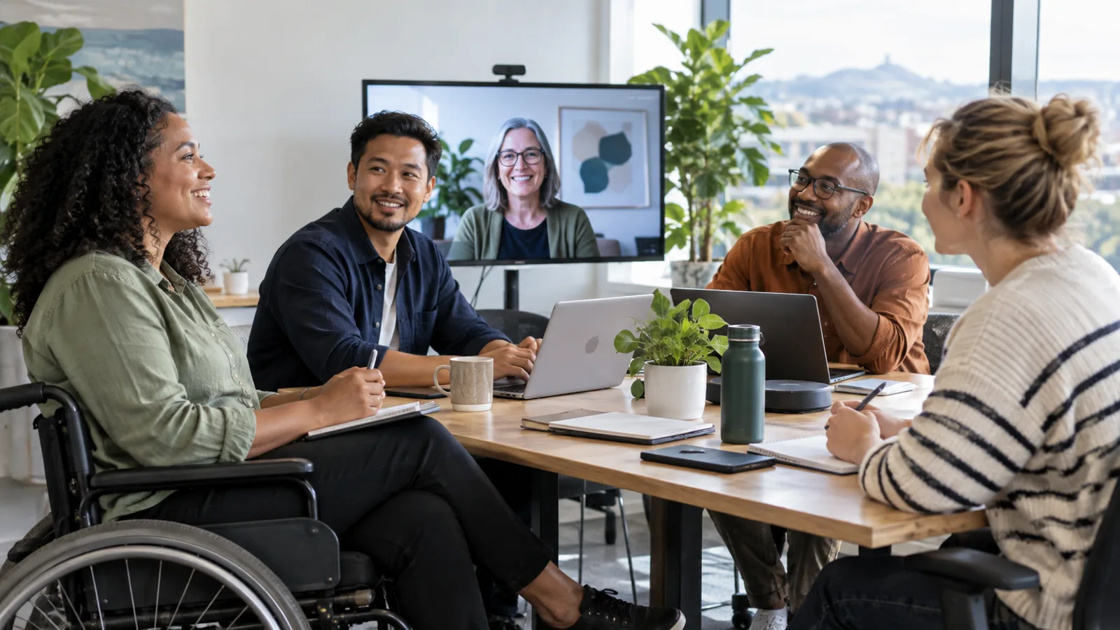 Photograph of colleagues in a scene of flexible work access.