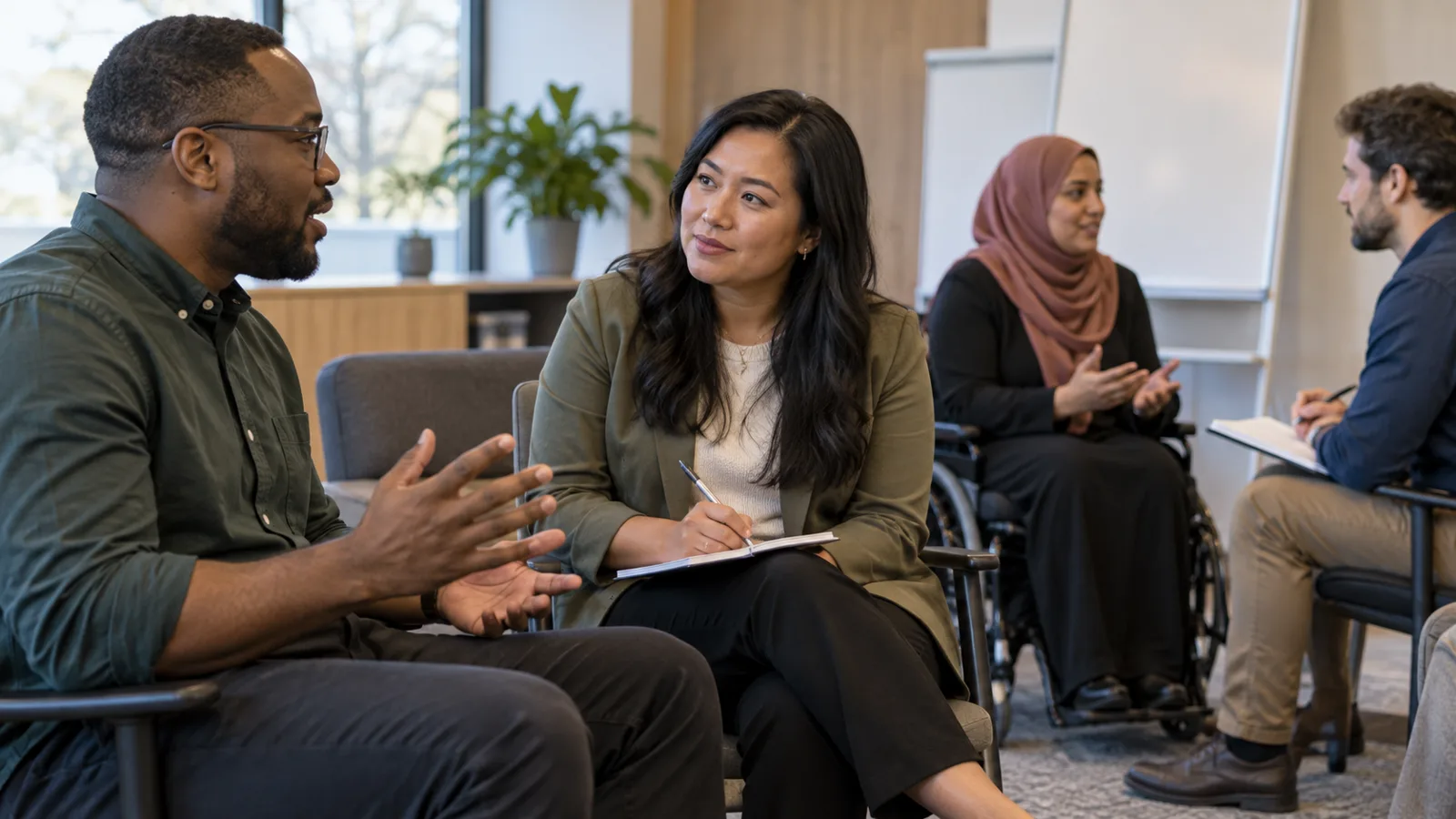 Photograph of colleagues in a scene of respectful communication practice.