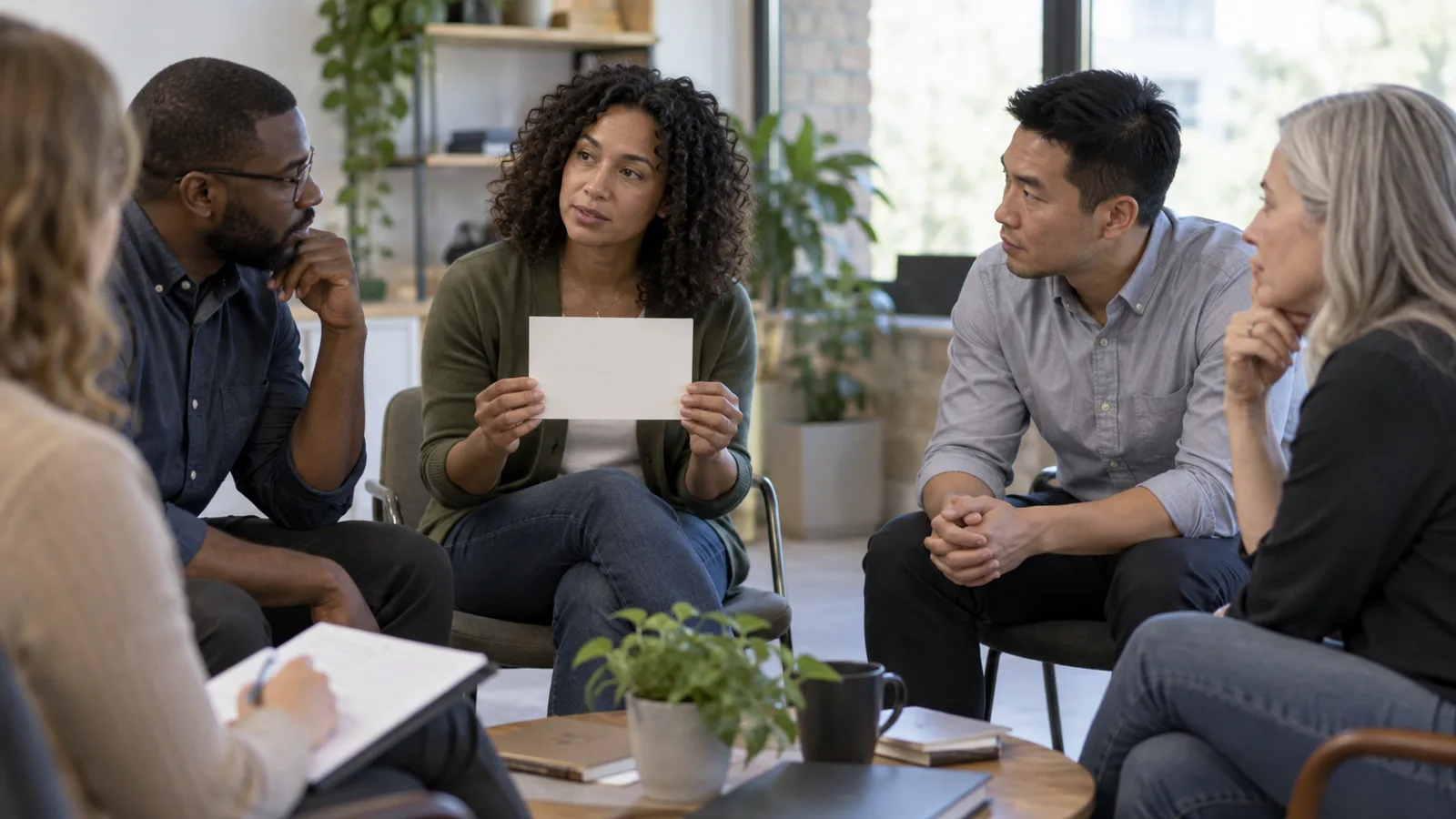 Photograph of colleagues in a scene of anti racism learning dialogue.
