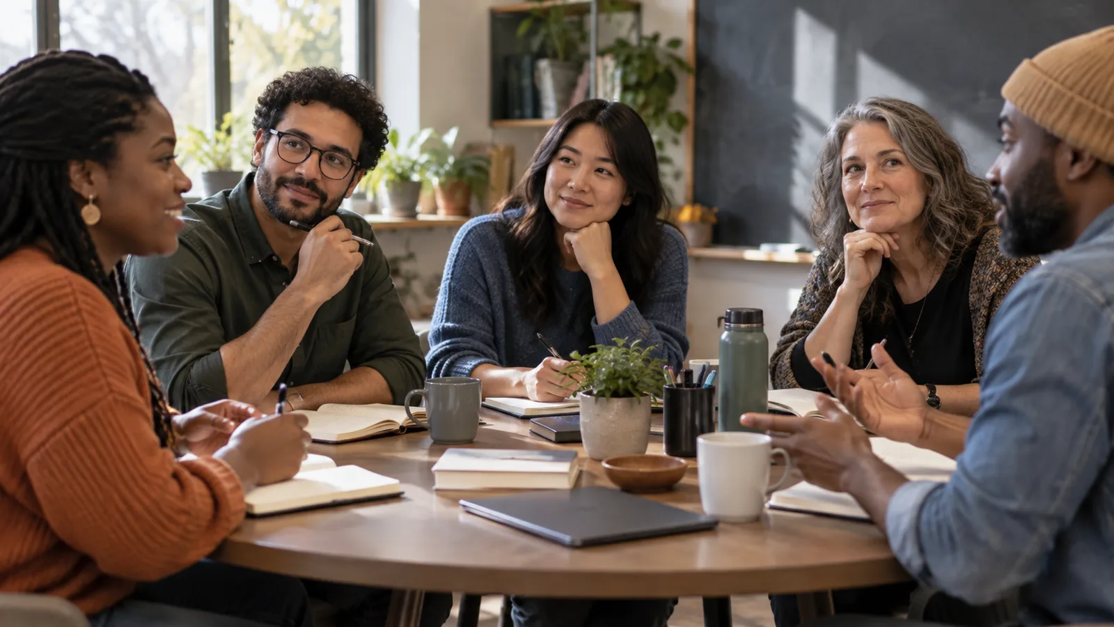 Photograph of colleagues in a scene of learning lab reflection.