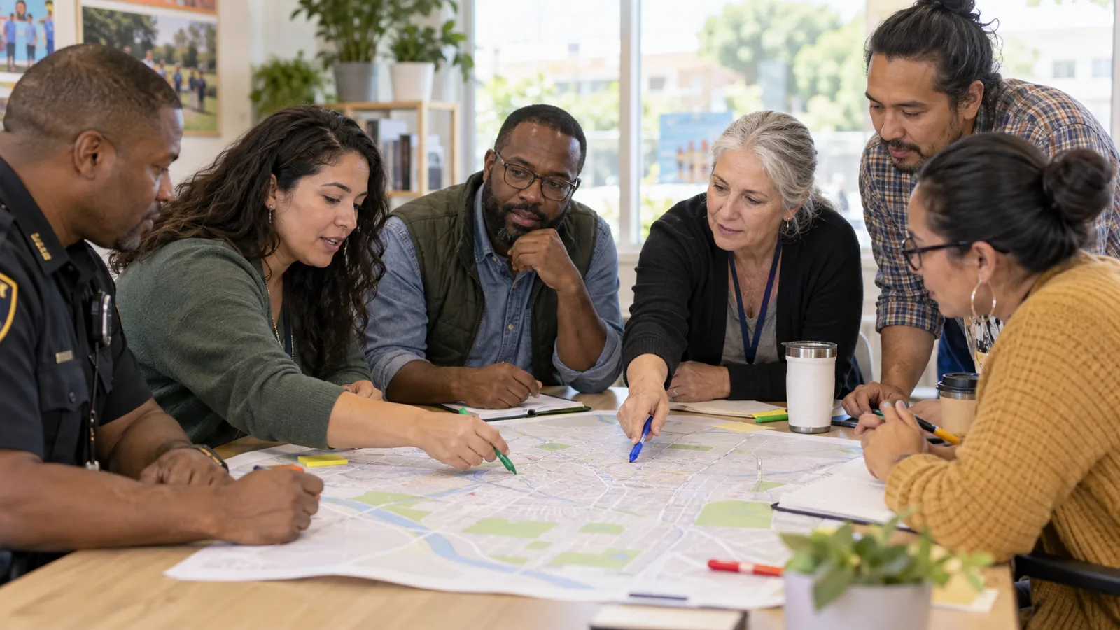 Photograph of colleagues in a scene of community partnership planning.