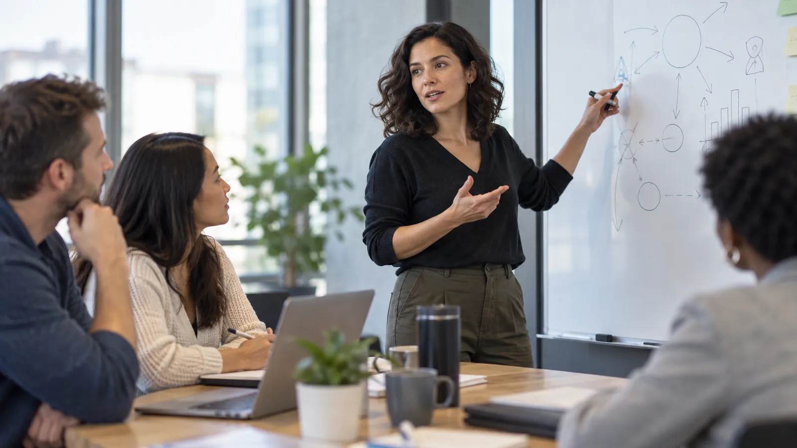A woman facilitates a workplace discussion while colleagues listen.