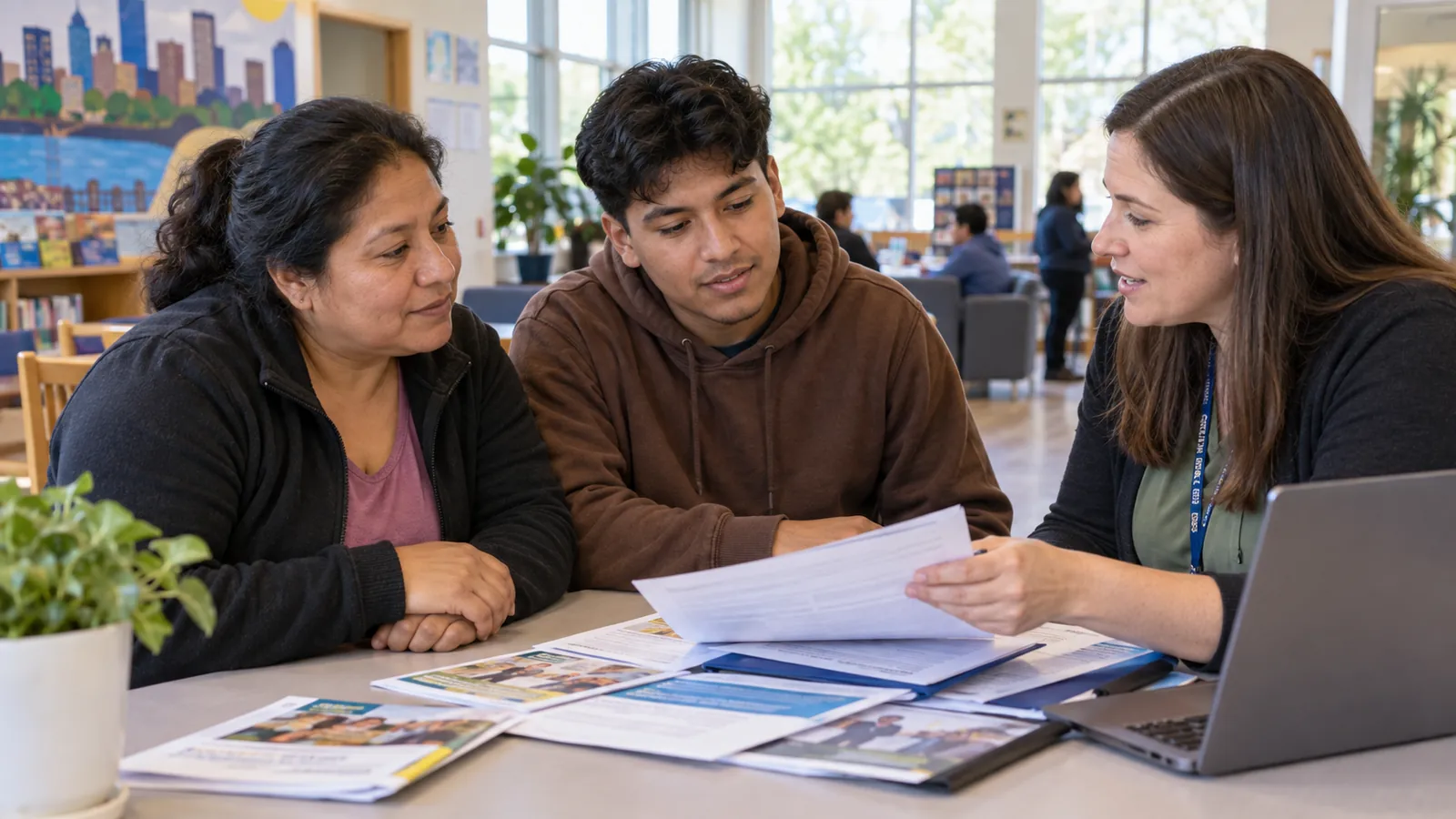 A visitor and navigator review printed service materials together.