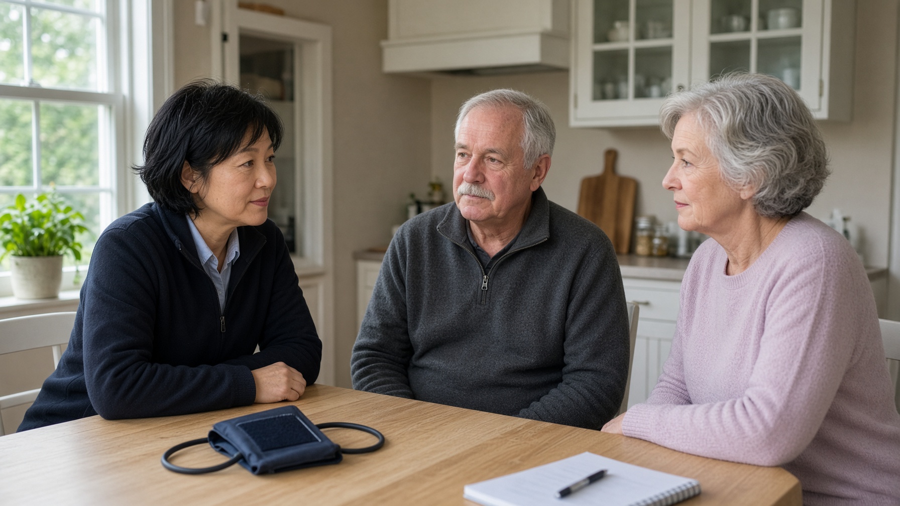 An East Asian home visitor sits at a kitchen table with an older couple.