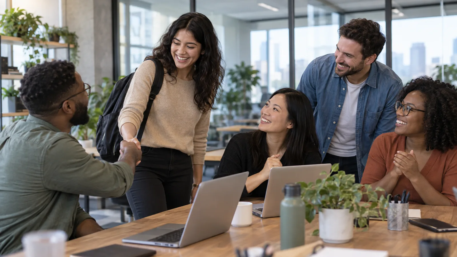 Photograph of colleagues in a scene of workplace belonging.