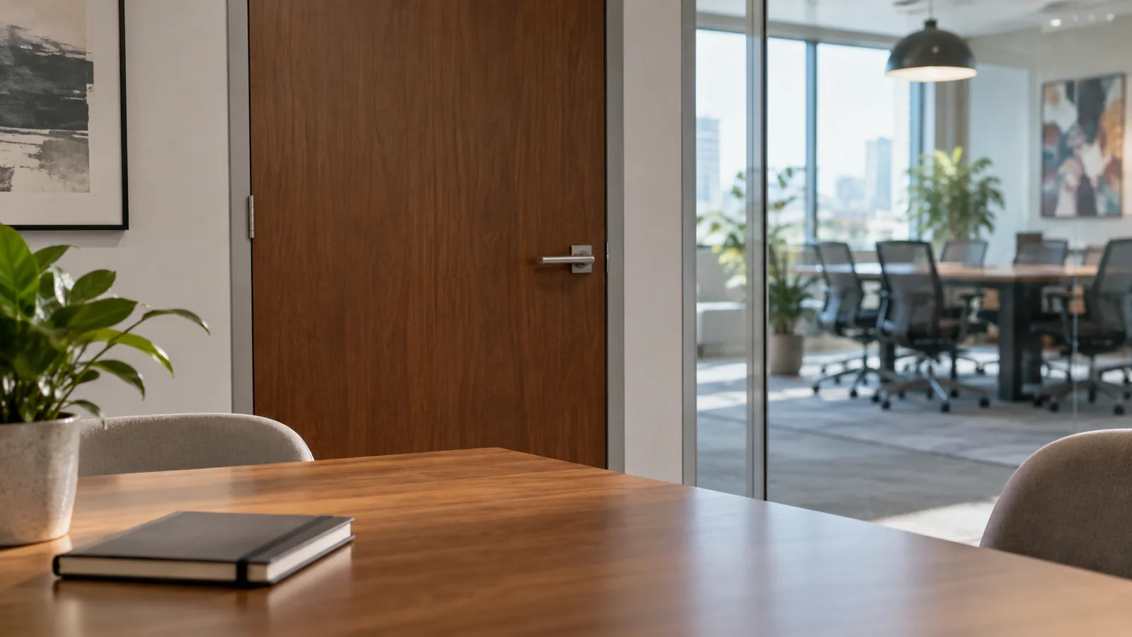 A closed meeting-room door stands between a quiet table and an office beyond.