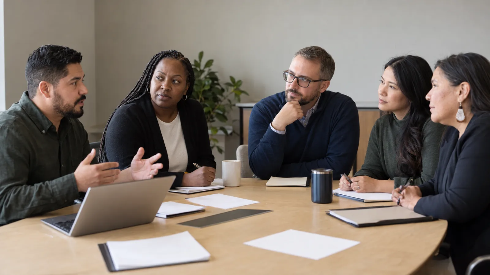Colleagues from varied backgrounds listen to one another around a meeting table.