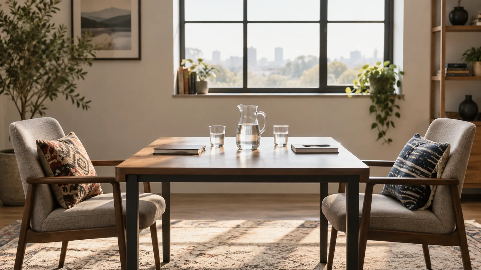 Two chairs and notebooks face each other across a table prepared for dialogue.