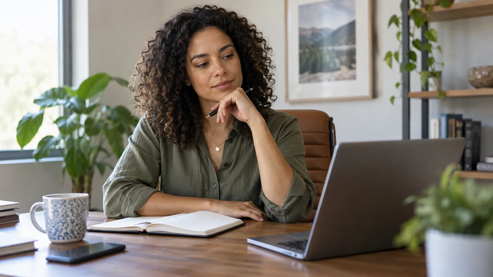 A colleague pauses to reflect while reviewing material at her laptop.
