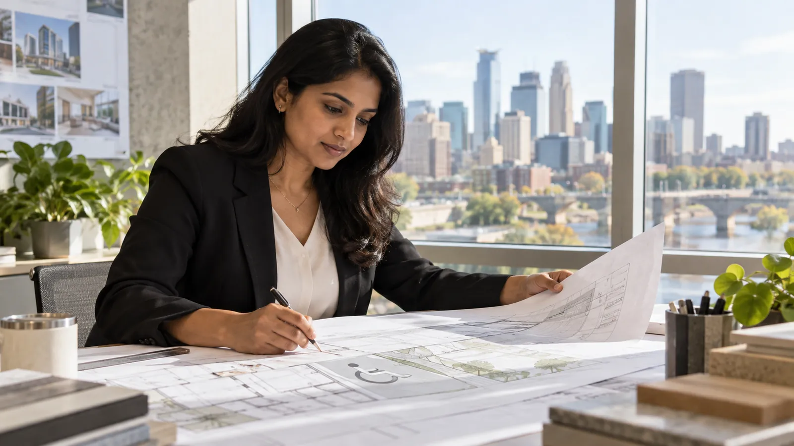 A professional reviews planning documents at a desk overlooking the city.
