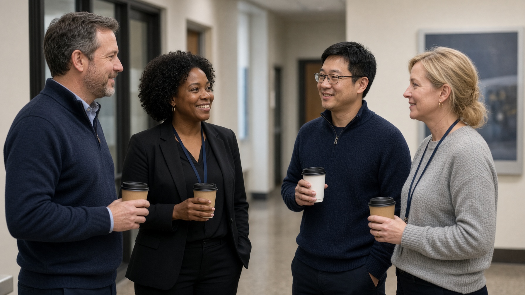 Four colleagues talk in a hallway with coffee.