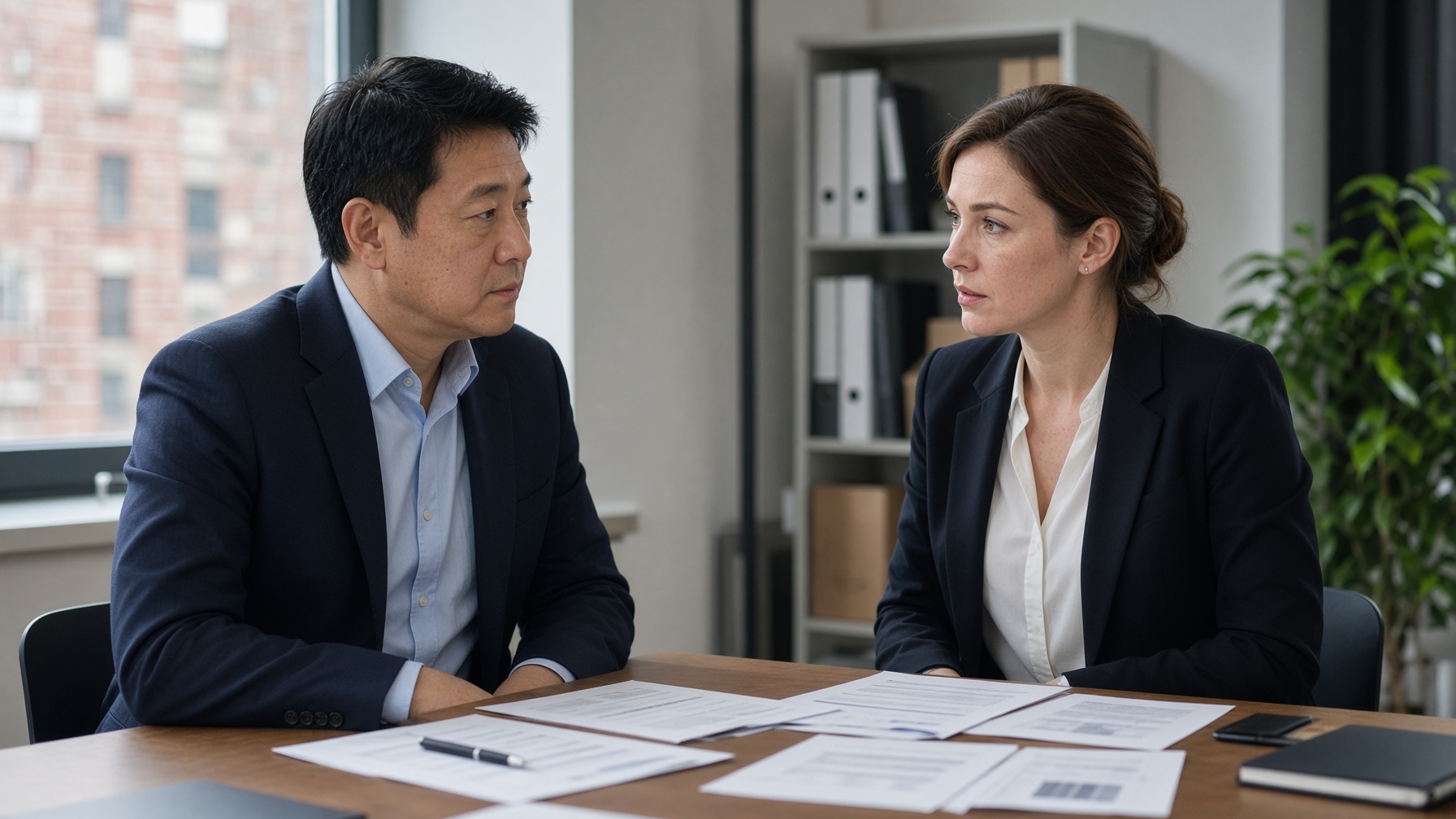 Two colleagues have a tense professional conversation at a desk.