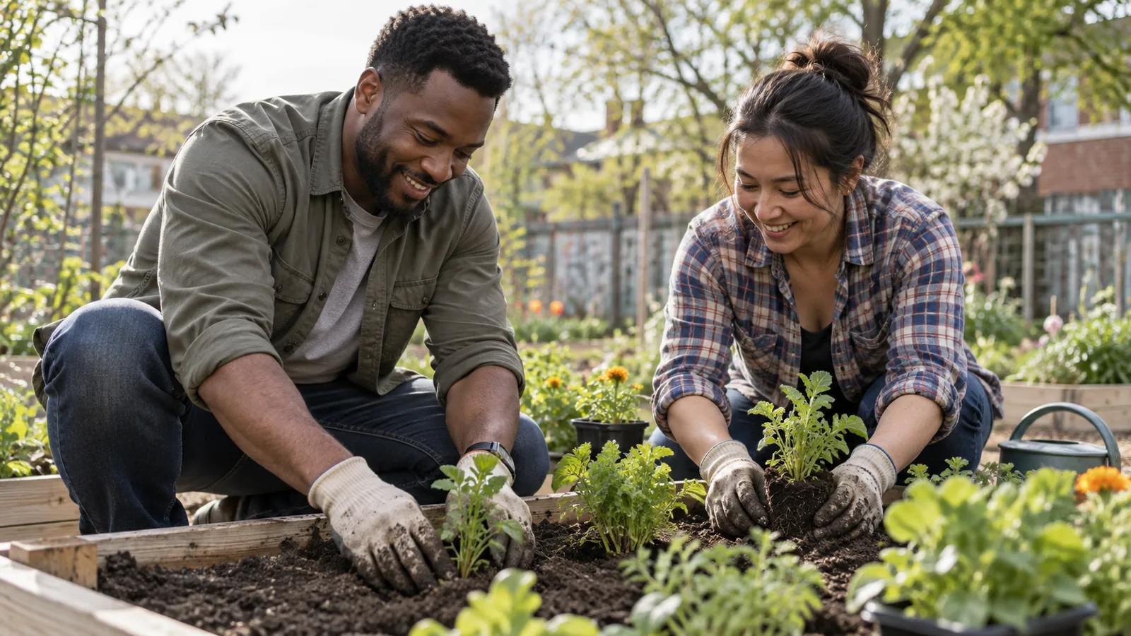 Two neighbors work together planting seedlings in a community garden.