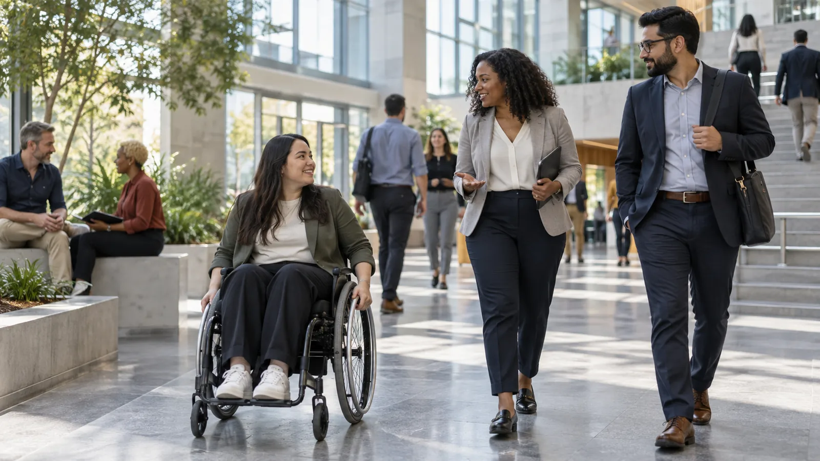 Colleagues, including a wheelchair user, cross a public-service atrium together.