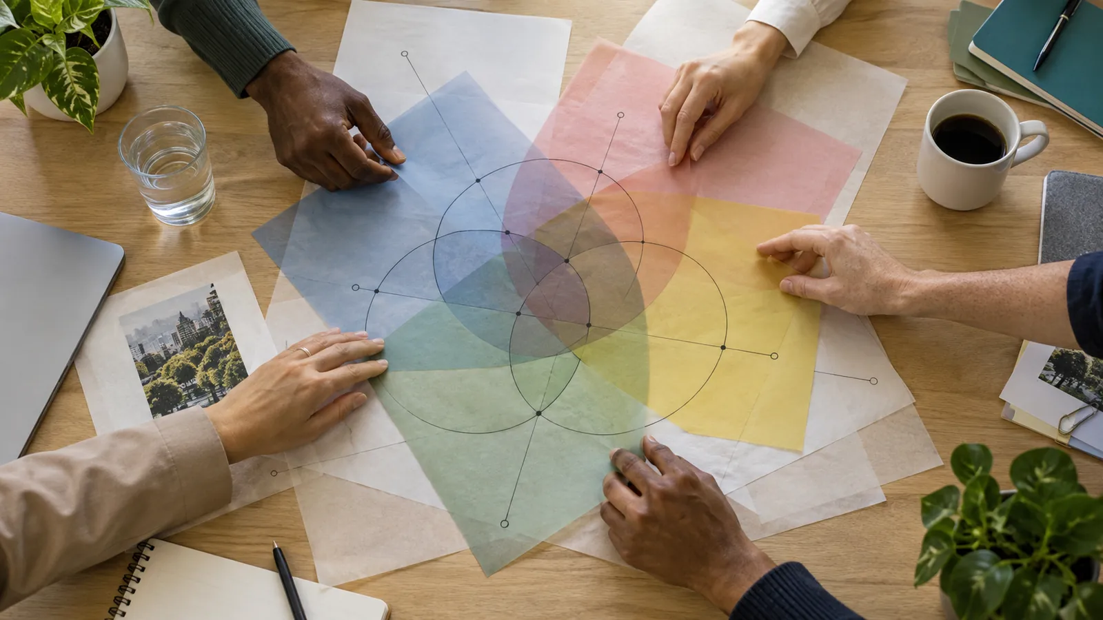 Several hands arrange overlapping translucent sheets during a workshop.