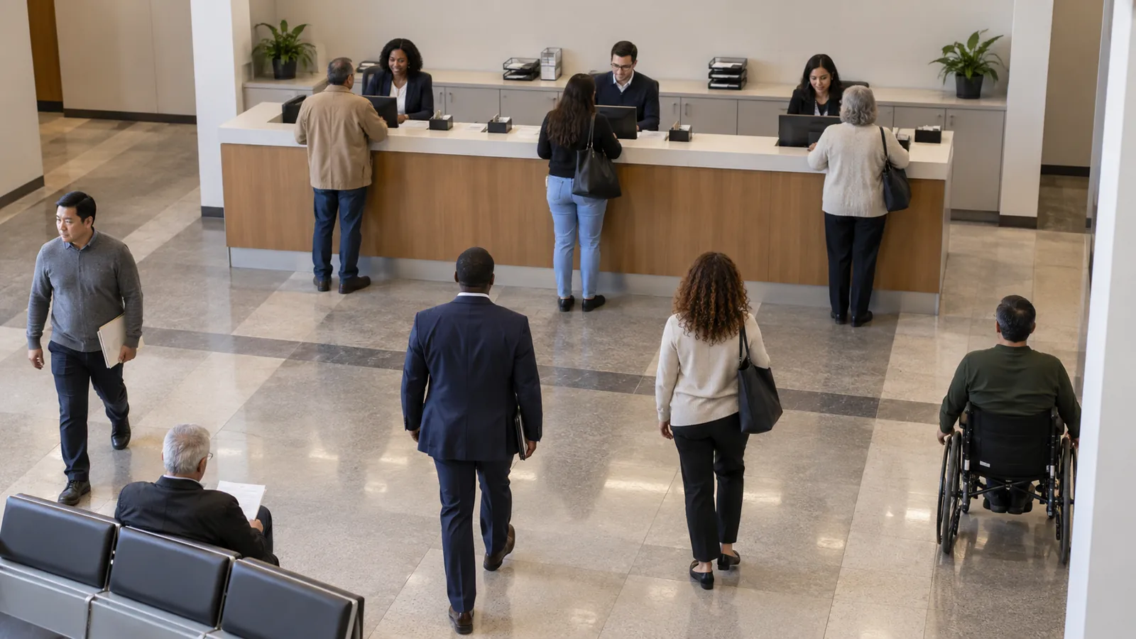 Residents approach several service counters in a public lobby.