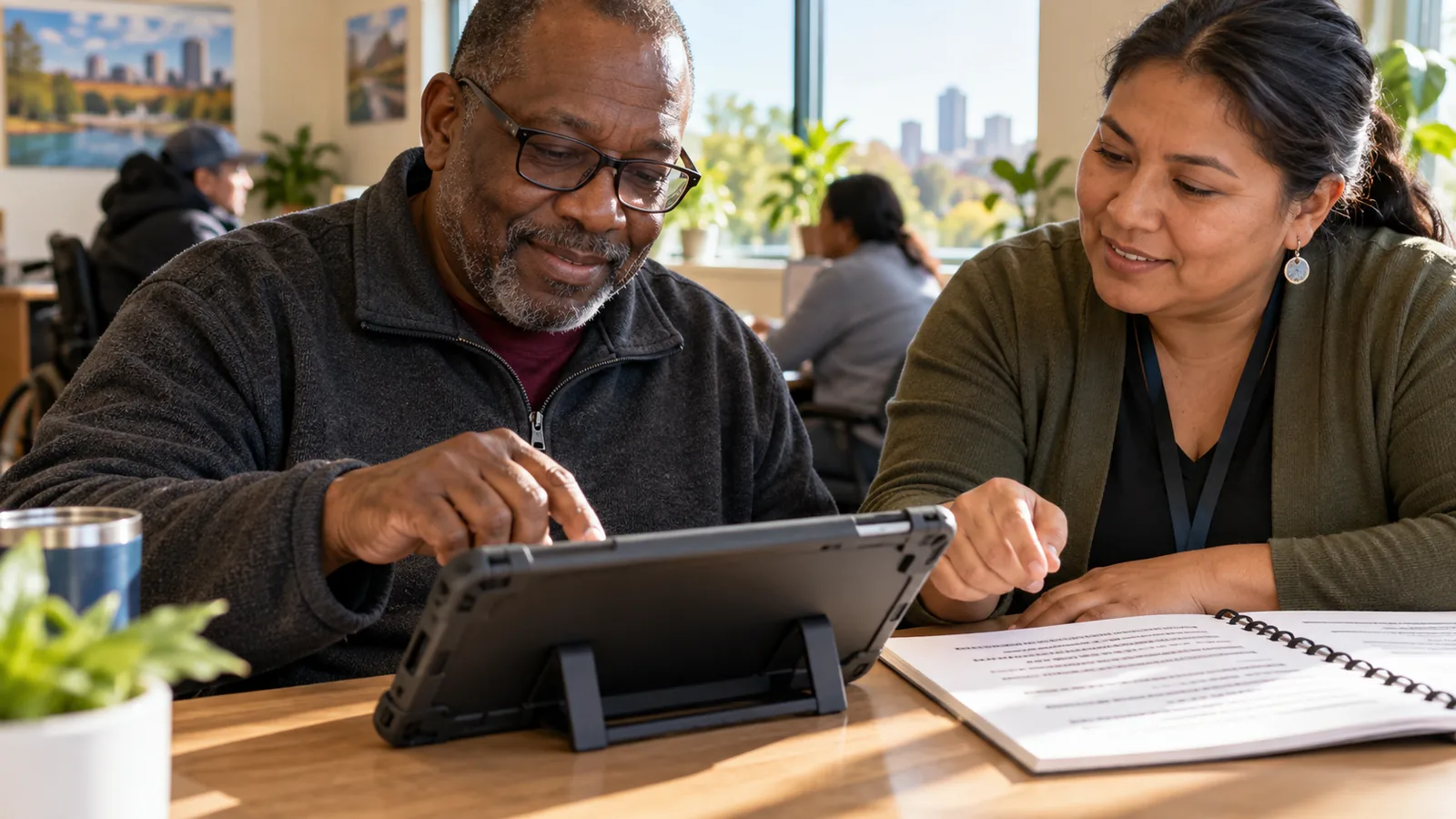 An older visitor and navigator use a tablet to review service information.